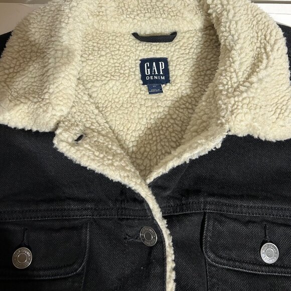 Gap Black Denim Jean Jacket Fleece Sherpa Lined Women’s XL Quilted Sleeve Unisex - Picture 6 of 9